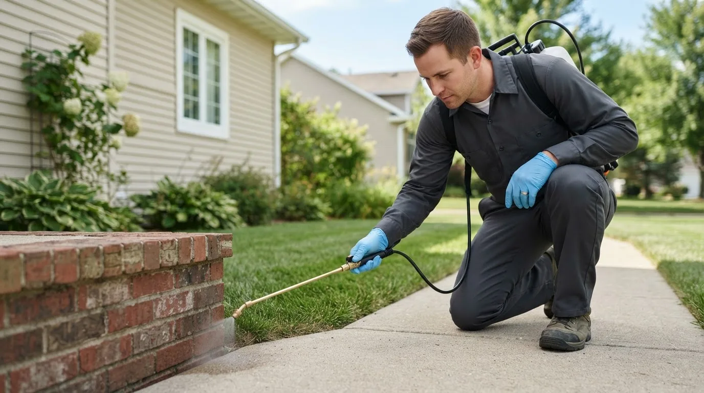 Pest control technician treating a home near Webster, MN