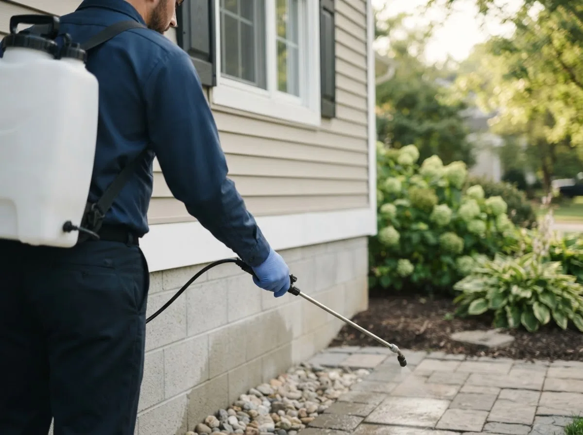 Pest control technician inspecting a home in Webster, MN